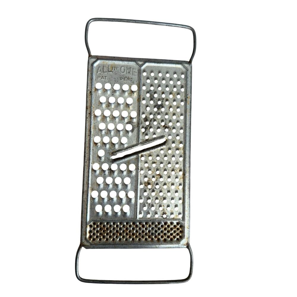 All In One Vintage Cheese Hand Grater Shredder Slicer with 2 Handles Silver Tone